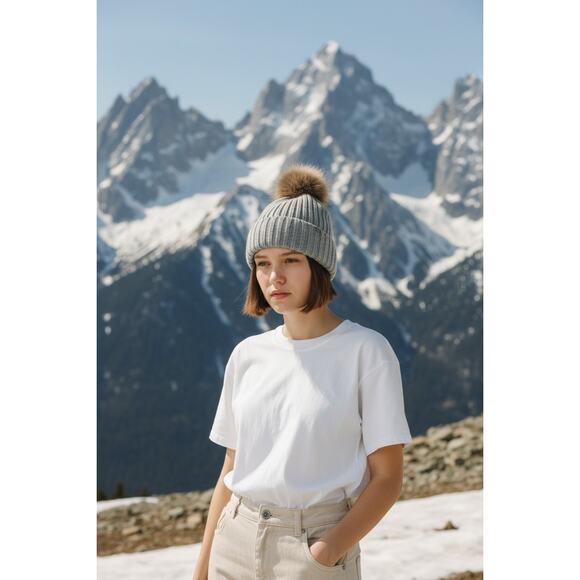 Kemo Sabe Aspen Ribbed Knit Beanie Fox Fur Pom – Gray | Navy | Cream | Black - Picture 8 of 13